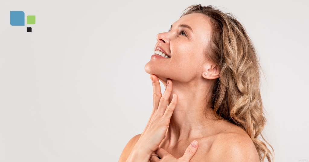 Woman with her hands on her neck (MODEL) Primera Plastic Surgery Logo